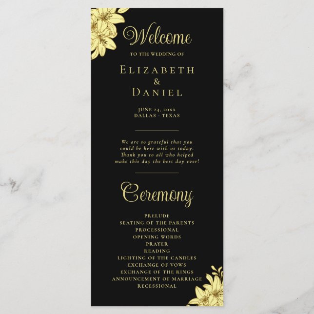 Elegantes Schwarz mit Goldtypografie-Hochzeit Programm (Vorderseite)