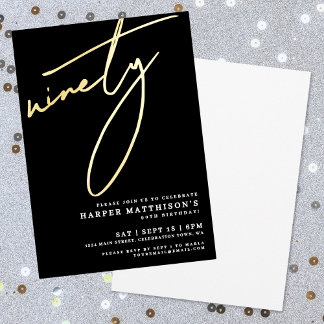 Elegantes Schwarz Neunzig 90. Geburtstag Gold Folieneinladung