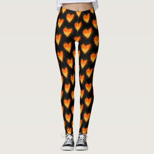 Elegantes Schwarz Orange Herz Valentinstag Muster Leggings