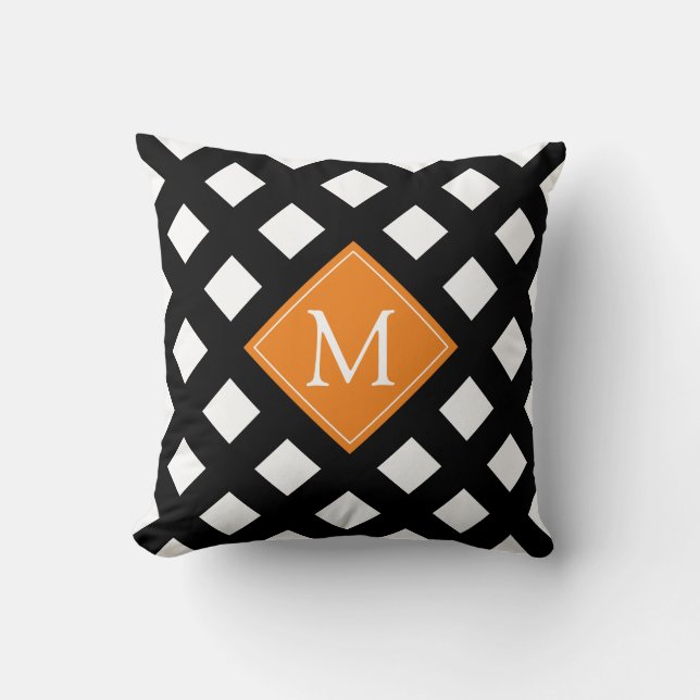 Elegantes Schwarz Orange White Modern Monogram Kissen (Vorderseite)