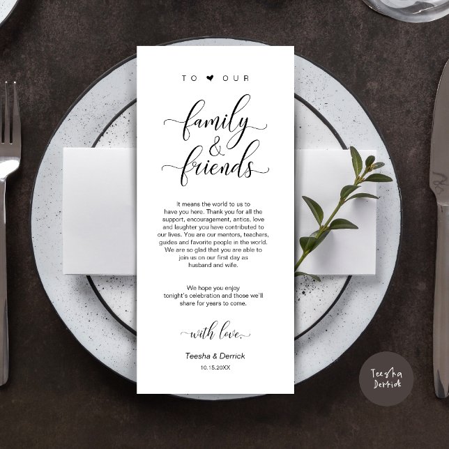 Elegantes Schwarz, Platzieren Einstellung Dankesch Programm (Modern Classy Wedding Dinner Place Setting Thank You Card, in Black and White)
