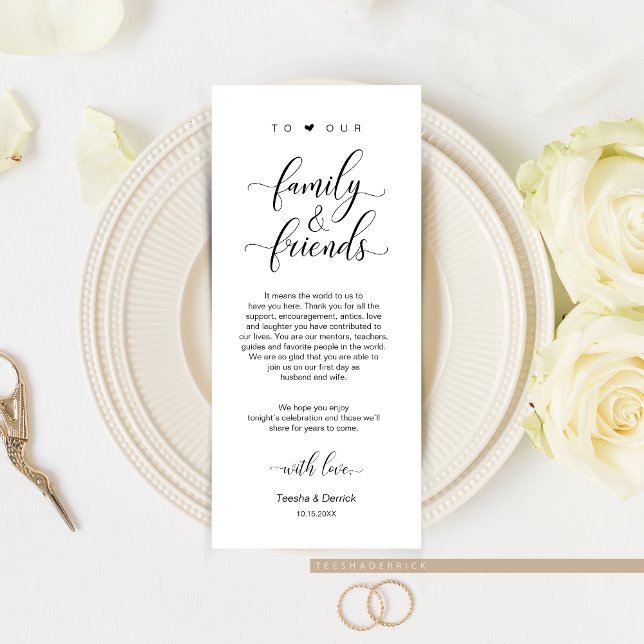 Elegantes Schwarz, Platzieren Einstellung Dankesch Programm (Elegant Classy Wedding Dinner Guest Place Setting Thank You Card or for Post Elopement Brunch.)