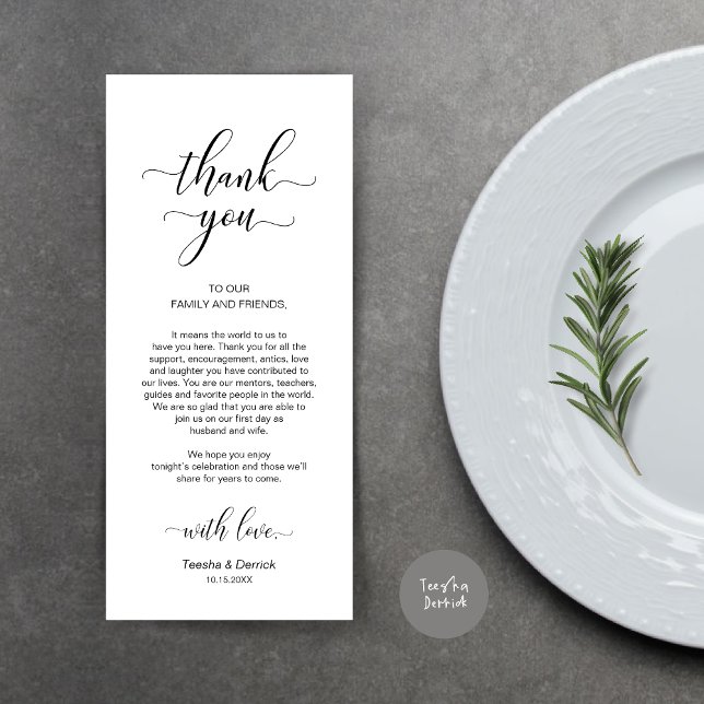 Elegantes Schwarz, Platzieren Einstellung Dankesch Programm (Wedding Dinner Place Setting Thank You Card, Modern Classy Design, Black and White)