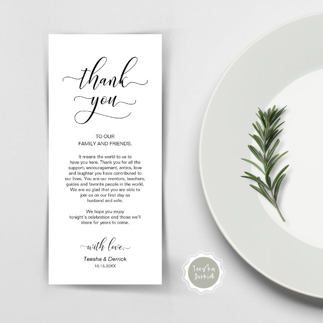 Elegantes Schwarz, Platzieren Einstellung Dankesch Programm (Wedding Dinner Place Setting Thank You Card, Plate Decor, Modern Classy, in Black and White)