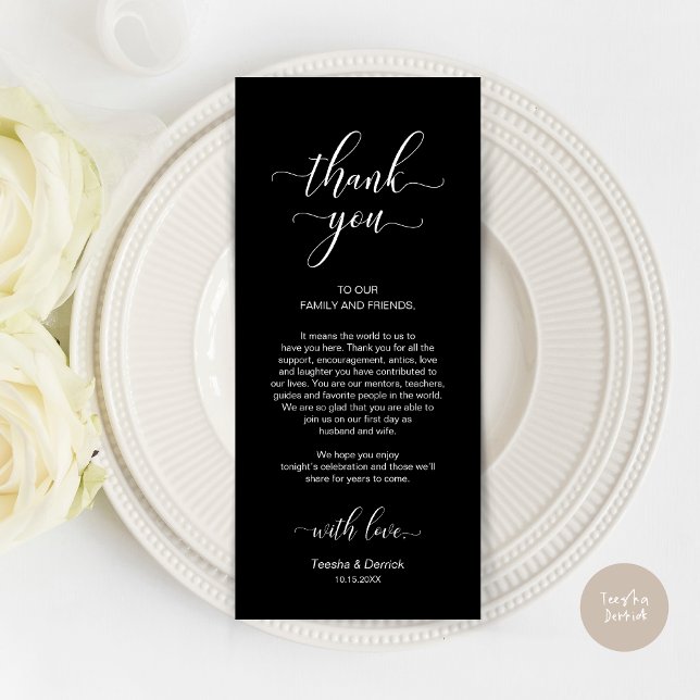 Elegantes Schwarz, Platzierung Dankeschön Karte (Wedding Dinner Place Setting Thank You Card, Modern Classy Design, Classy Black)