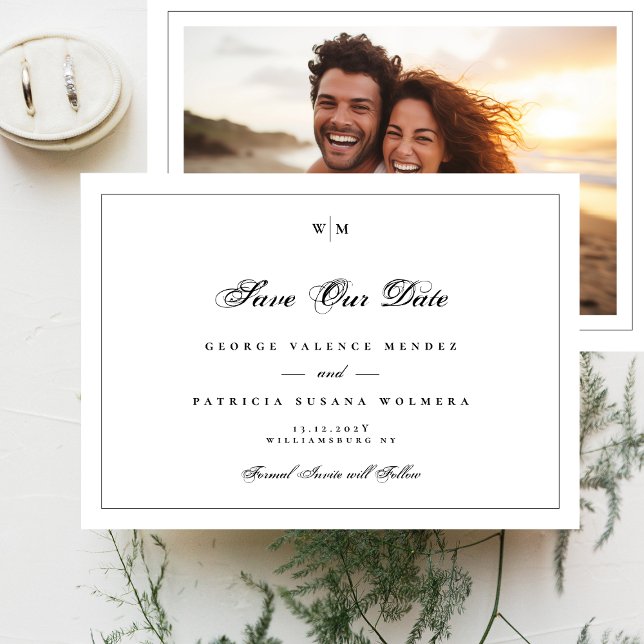 Elegantes Schwarz-Rahmen-Monogramm-Klassisches Fot Save The Date (Von Creator hochgeladen)