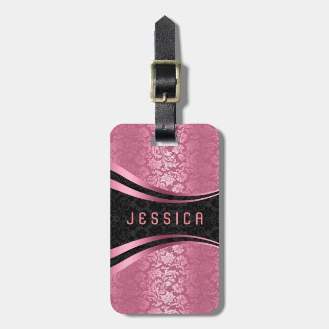 Elegantes Schwarz-Rosa-Damaskus-Muster Gepäckanhänger (Vorderseite vertikal)
