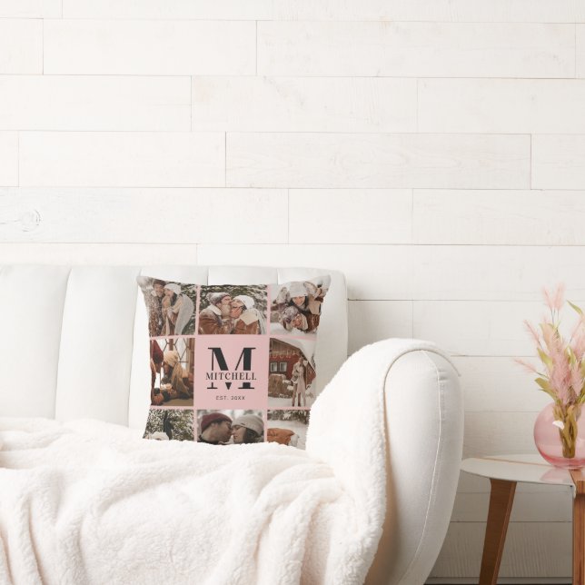 Elegantes Schwarz-Rosa-Familienfoto-Collage Monogr Kissen (Liege)