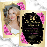 Elegantes Schwarz-Rosa Foto 50. Geburtstag Einladung<br><div class="desc">Elegante florale feminine 50. Geburtstagseinladung mit Ihrem Foto auf der Kartenrückseite. Glam-Design mit Imitat Gold. Enthält rosa Rosen,  Skript-Schriftart und Konfetti. Ideal für ein stilvolles Party für Erwachsene. Personalisieren Sie Ihre persönlichen Daten. Kann für jedes Alter angepasst werden! Gedruckte Zazzle Einladungen oder Sofortdownload digitalen druckbaren Vorlage.</div>