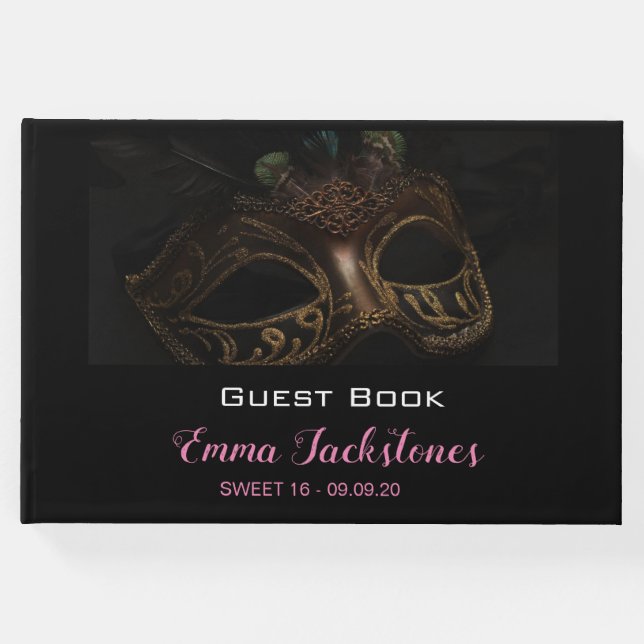 Elegantes Schwarz-Rosa Masquerade Sweet 16 Gästebuch (Vorderseite)
