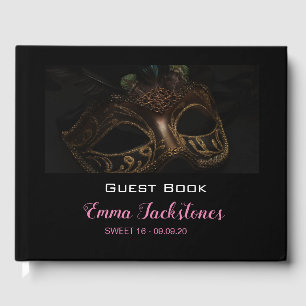 Elegantes Schwarz-Rosa Masquerade Sweet 16 Gästebuch
