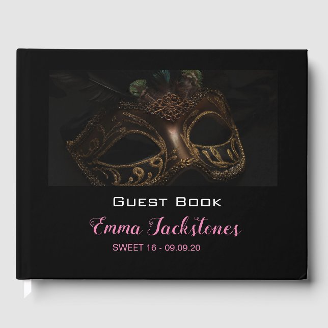 Elegantes Schwarz-Rosa Masquerade Sweet 16 Gästebuch (Vorderseite)