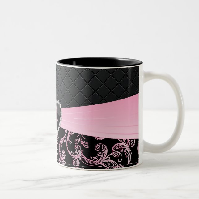 Elegantes Schwarz-Rosa-Muster Zweifarbige Tasse (Rechts)
