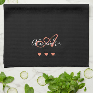 Elegantes Schwarz-Rosa-Script-Name Monogram Geschirrtuch