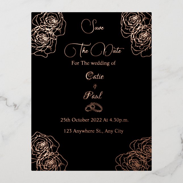Elegantes Schwarz-Rose-Gold Save the Date Folie Einladungspostkarte (Vorderseite)