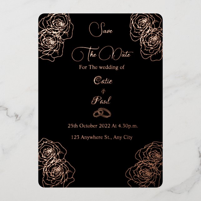 Elegantes Schwarz-Rose-Gold Save the Date Folieneinladung (Vorderseite)