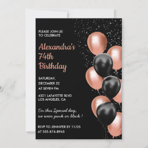 Elegantes Schwarz-Roségold 74. Geburtstag Einladung