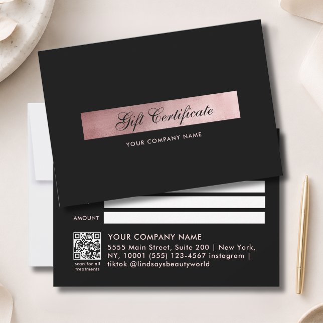 Elegantes Schwarz-Roségold QR-Code-Geschenk-Zertif (Elegant Black Rosegold QR Code Gift Certficate)