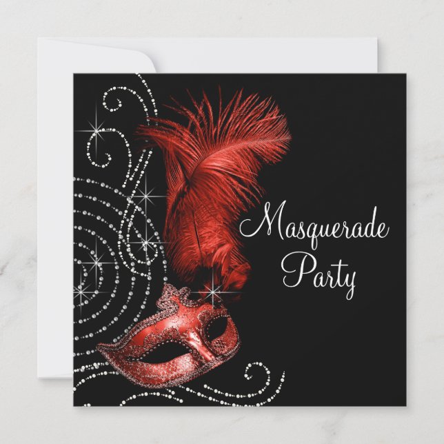 Elegantes Schwarz-Rot-Masquerade-Party Einladung (Vorderseite)