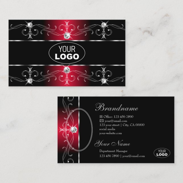 Elegantes Schwarz-Rot-Verziert-Grenzen-Foto für Ju Visitenkarte (Vorne/Hinten)