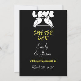 Elegantes Schwarz Save the Date mit Liebesvögeln Einladung