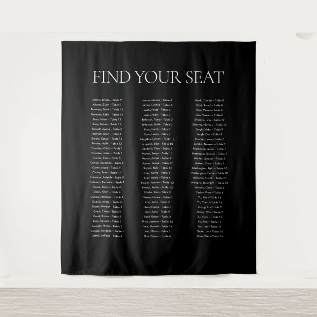 Elegantes Schwarz Seat Wedding Chart Wandteppich (Vorderseite)