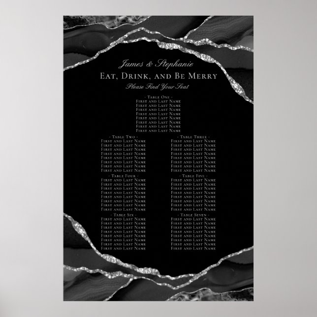 Elegantes Schwarz-Silber-Agate-Hochzeitsdiagramm Poster (Vorne)