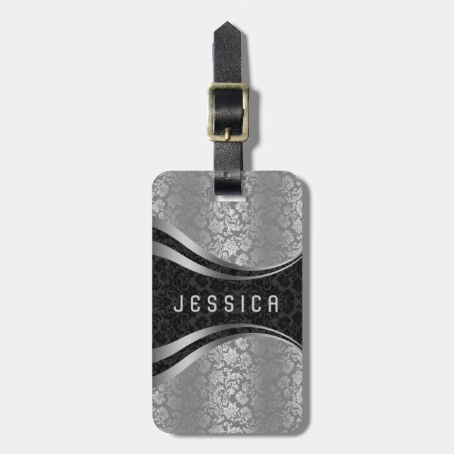 Elegantes Schwarz-Silber-Damaskus-Muster Gepäckanhänger (Vorderseite vertikal)