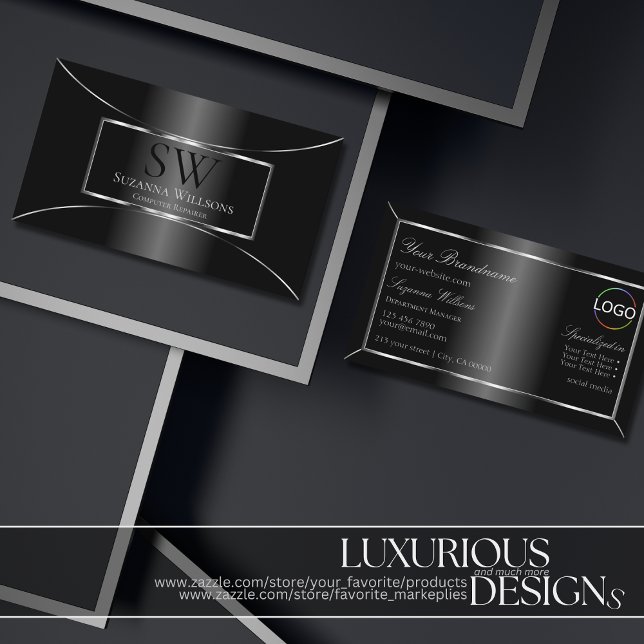 Elegantes Schwarz-Silber-Dekor mit Monogramm und L Visitenkarte (Von Creator hochgeladen)