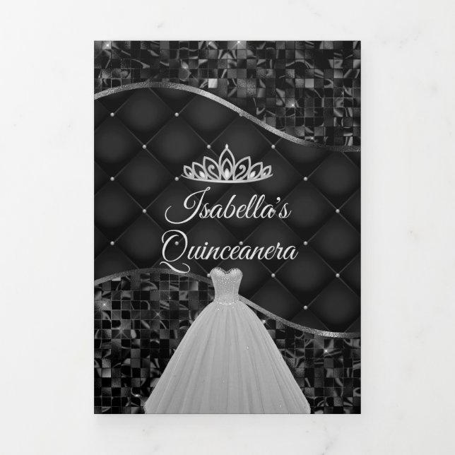 Elegantes Schwarz-Silber-Foto Quinceanera Trifold Dreifach-gefaltete Programmkarte (Cover)