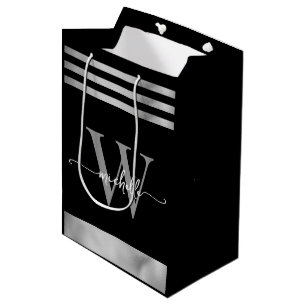 Elegantes Schwarz Silber gestreiftes Monogramm Sch Mittlere Geschenktüte