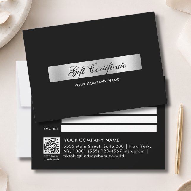 Elegantes Schwarz-Silber-QR-Code-Geschenk-Zertifik (Elegant Black Silver QR Code Gift Certficate)