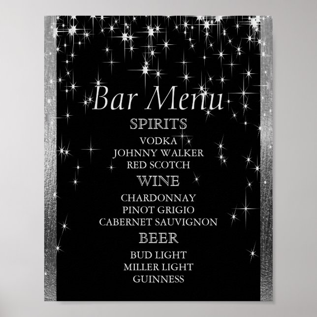 Elegantes Schwarz-Silber-Starlights - Bar Menu Poster (Vorne)