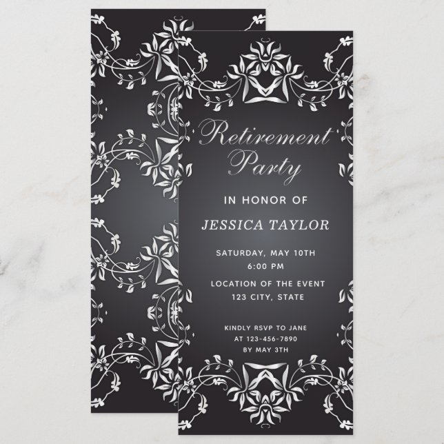 Elegantes Schwarz-Silber-Verziertes Party für die  Einladung (Vorne/Hinten)