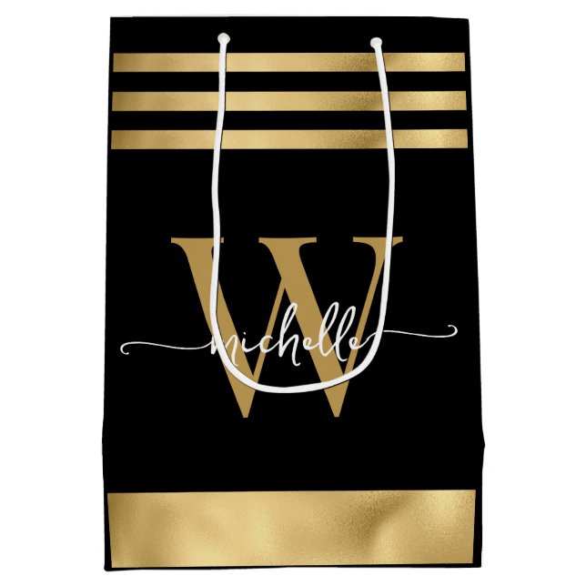 Elegantes Schwarz-Streifen Monogram-Girly-Script Mittlere Geschenktüte (Rückseite)