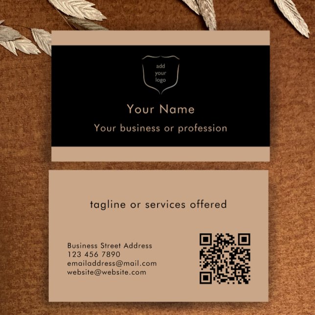 Elegantes Schwarz-Tan-Logo-QR-Code Professional Visitenkarte (Custom elegant modern black and tan professional business card templates. Add logo and QR code.
)