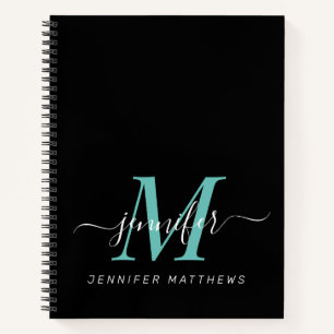 Elegantes Schwarz-Teal Personalisiertes Monogramm Notizbuch