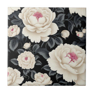Elegantes Schwarz und Elfenbein Blumenmuster Fliese