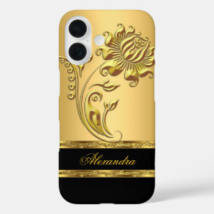 Elegantes Schwarz und Gold auf goldener Blume iPhone 16 Hülle