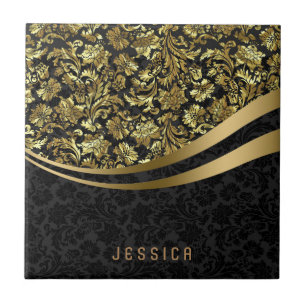 Elegantes Schwarz- und Gold-Blumen-Damask-Muster Fliese