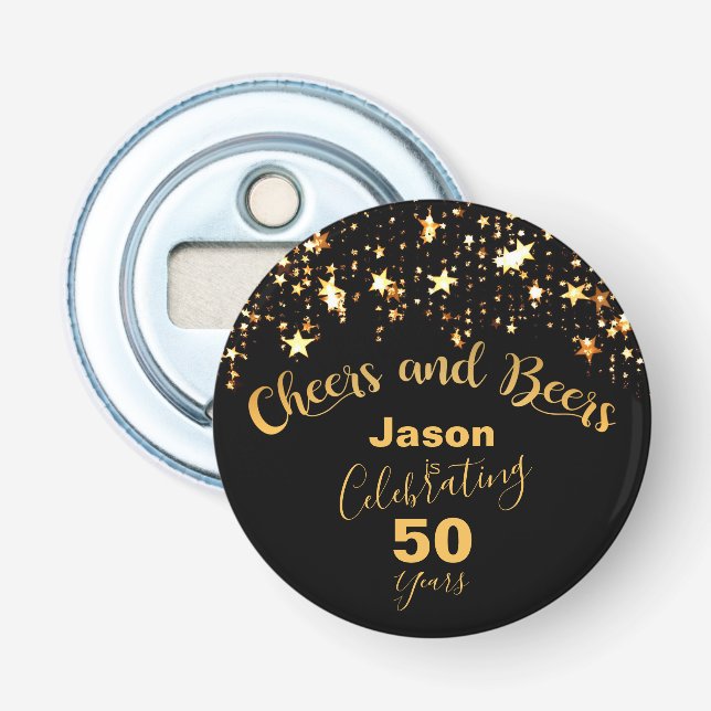 Elegantes Schwarz und Gold "Cheers and Bars" Flaschenöffner (Vorderseite)