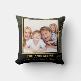 Elegantes Schwarz und Gold Familienname und Foto Kissen