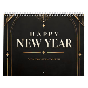 Elegantes Schwarz und Gold Frohes Neues Jahr Kalender