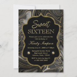 Elegantes Schwarz und Gold Geode Strata Sweet 16 Einladung
