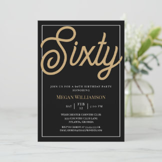 Elegantes Schwarz und Gold Script 60. Geburtstag Einladung