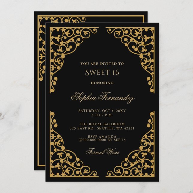 Elegantes Schwarz und Gold Sweet 16 Einladung (Vorne/Hinten)