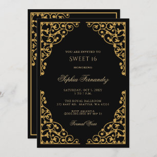 Elegantes Schwarz und Gold Sweet 16 Einladung