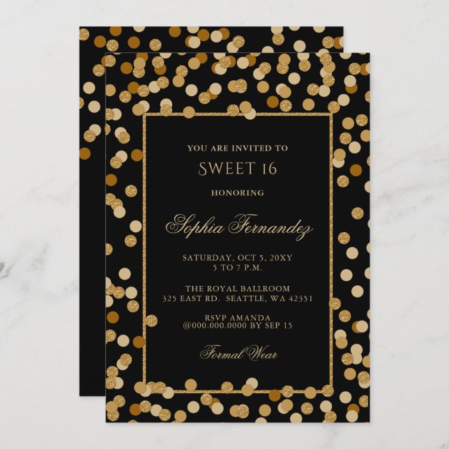 Elegantes Schwarz und Gold Sweet 16 Einladung (Vorne/Hinten)