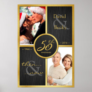 Elegantes Schwarz und Gold Then & Now 50. Jubiläum Poster