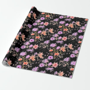 Elegantes Schwarz und Hauchrosa Vintage-Blumenmust Geschenkpapier